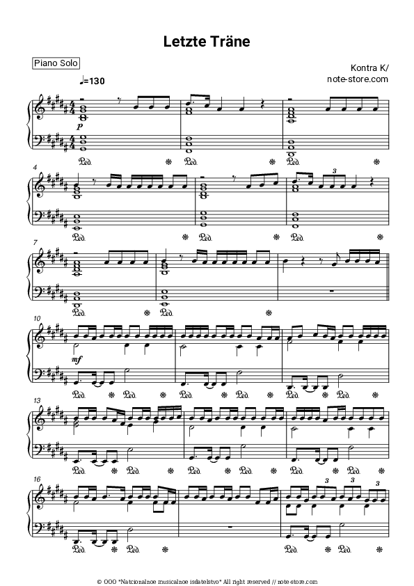 Letzte Träne - Kontra K Piano Sheet Music - Piano.Solo