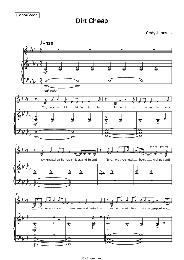 Dirt Cheap - Cody Johnson Piano Sheet Music with the Voice part - Piano&Vocal