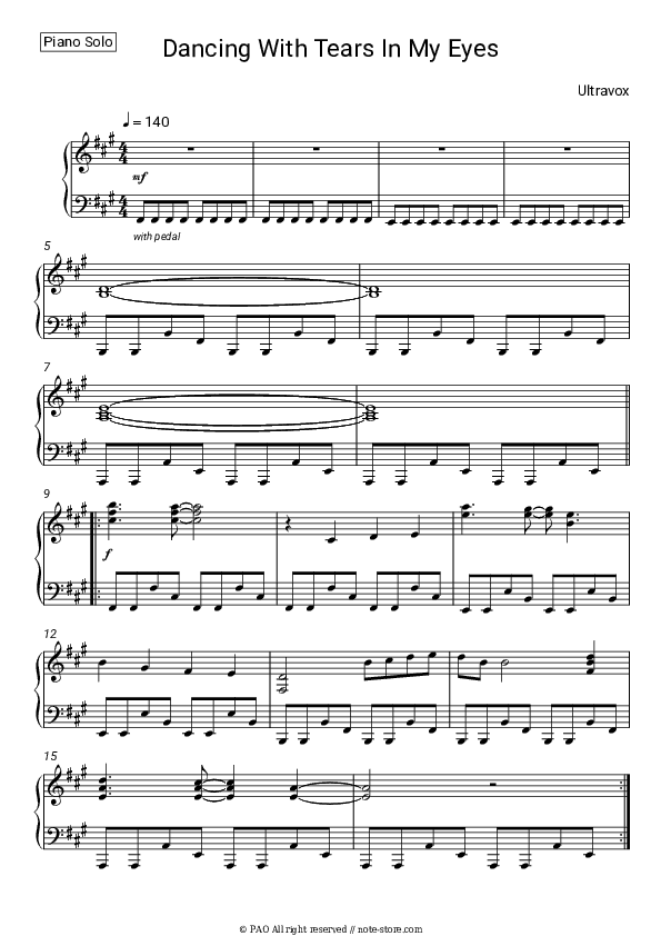 Dancing with Tears in My Eyes - Ultravox Piano Sheet Music - Piano.Solo