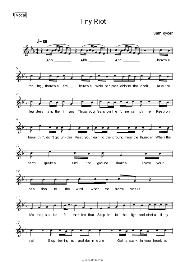 Tiny Riot - Sam Ryder Vocal Sheet Music - Vocal