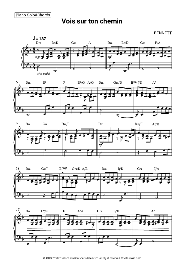 Vois sur ton chemin - Bennett Piano Sheet Music and Chords - Piano.Solo&Chords
