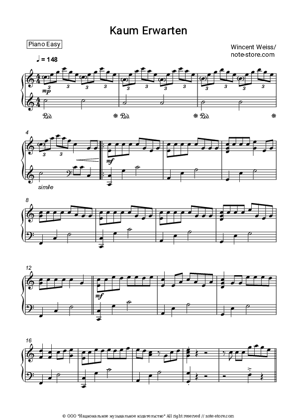 Kaum Erwarten - Wincent Weiss Piano Sheet Music Easy - Piano.Easy