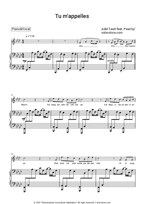 Tu m'appelles - Adel Tawil, PEACHY Piano Sheet Music with the Voice part - Piano&Vocal