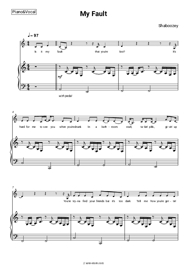 My Fault - Shaboozey Piano Sheet Music with the Voice part - Piano&Vocal