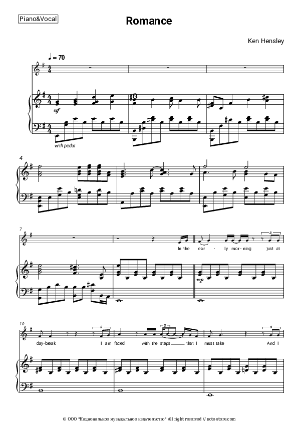 Romance - Ken Hensley Piano Sheet Music with the Voice part - Piano&Vocal