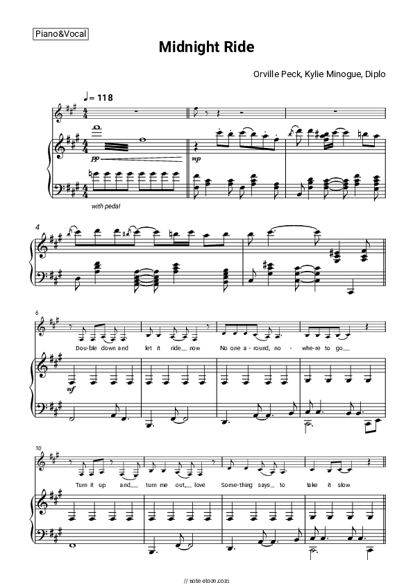 Midnight Ride - Orville Peck, Kylie Minogue, Diplo Piano Sheet Music with the Voice part - Piano&Vocal