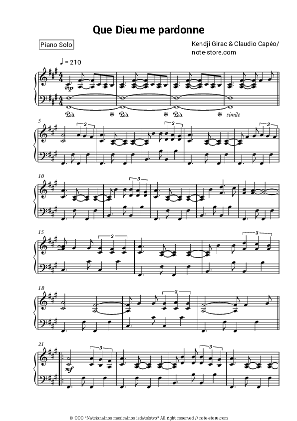 Que Dieu Me Pardonne - Kendji Girac, Claudio Capéo Piano Sheet Music - Piano.Solo