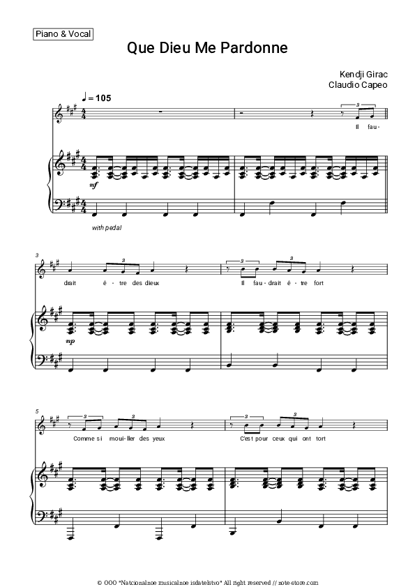 Que Dieu Me Pardonne - Kendji Girac, Claudio Capéo Piano Sheet Music with the Voice part - Piano&Vocal