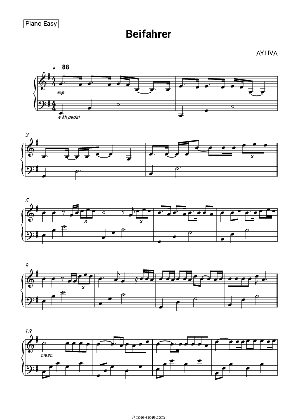 Beifahrer - AYLIVA Piano Sheet Music Easy - Piano.Easy