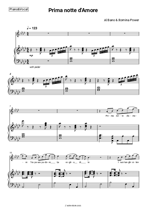 Prima notte d’amore - Al Bano & Romina Power Piano Sheet Music with the Voice part - Piano&Vocal