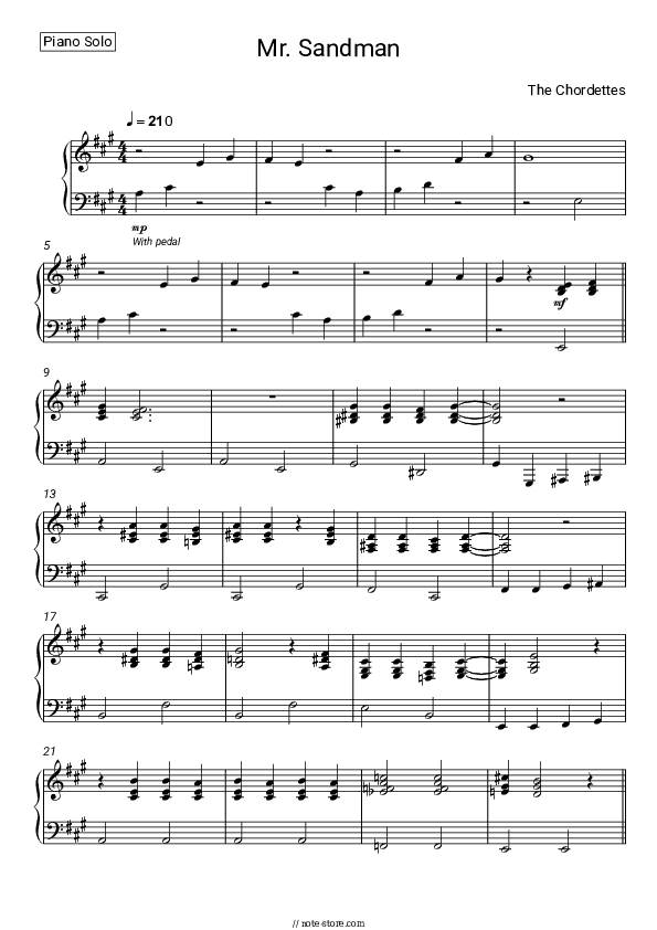 Mr. Sandman - The Chordettes Piano Sheet Music - Piano.Solo