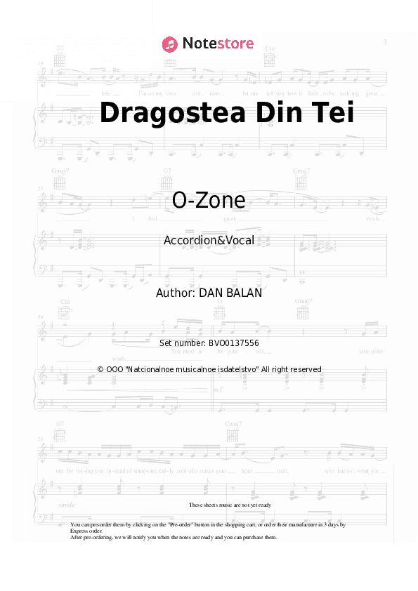 Dragostea Din Tei - O-Zone Sheet Music - Accordion&Vocal