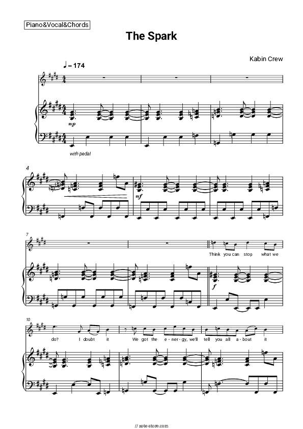 The Spark - Kabin Crew Piano Sheet Music with the Voice part - Piano&Vocal