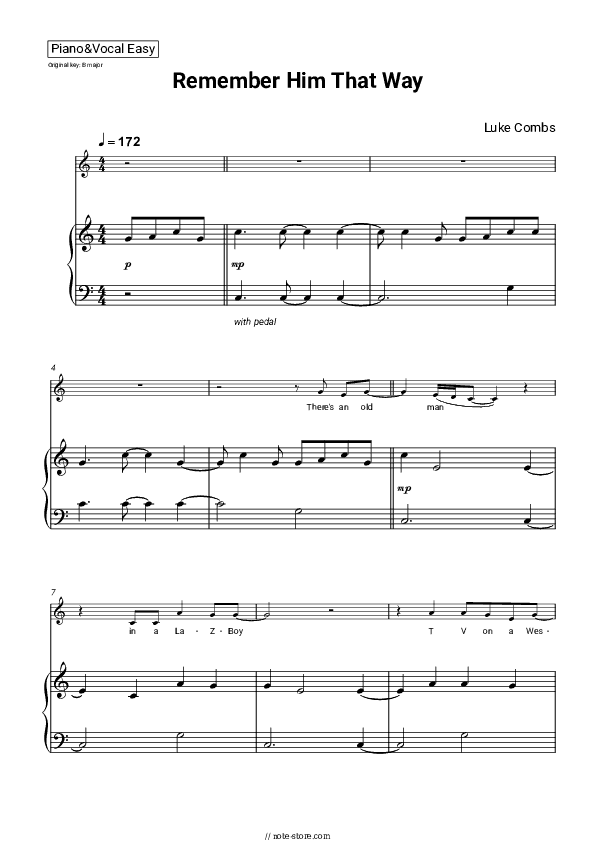 Remember Him That Way - Luke Combs Piano Sheet Music Easy and Vocal - Piano&Vocal.Easy