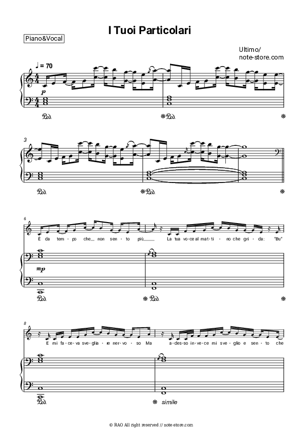 I tuoi particolari - Ultimo Piano Sheet Music with the Voice part - Piano&Vocal