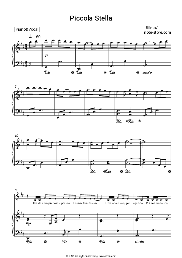 Piccola stella - Ultimo Piano Sheet Music with the Voice part - Piano&Vocal