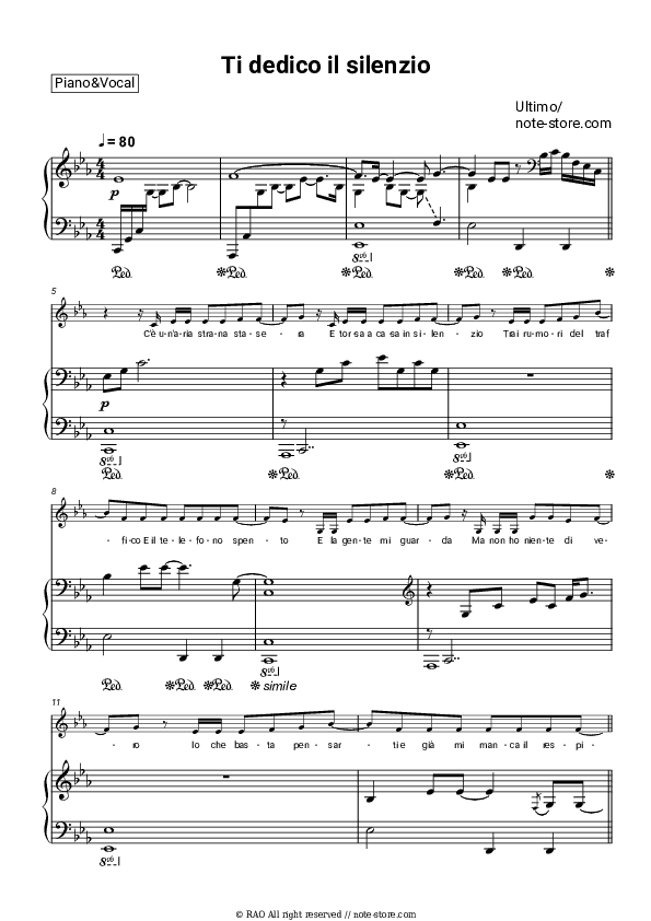 Ti dedico il silenzio - Ultimo Piano Sheet Music with the Voice part - Piano&Vocal