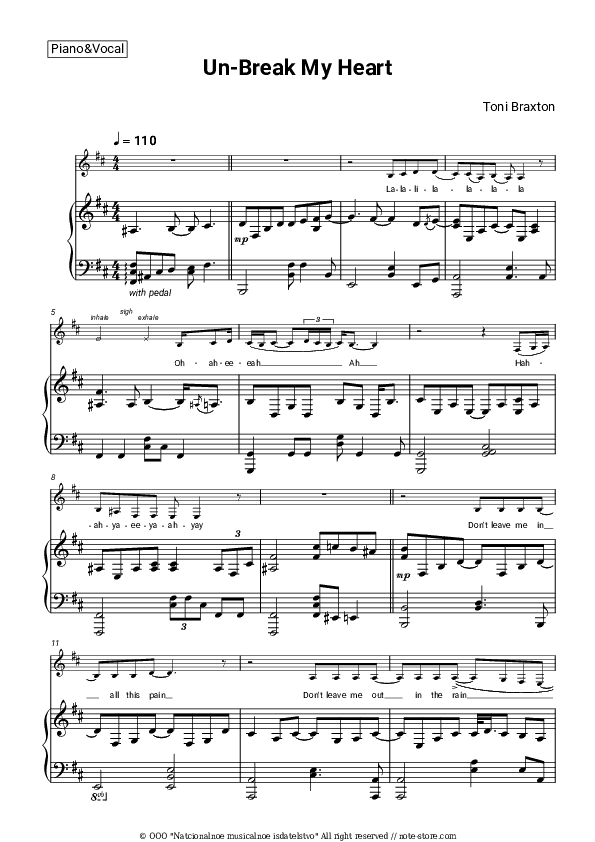 Un-Break My Heart - Toni Braxton Piano Sheet Music with the Voice part - Piano&Vocal