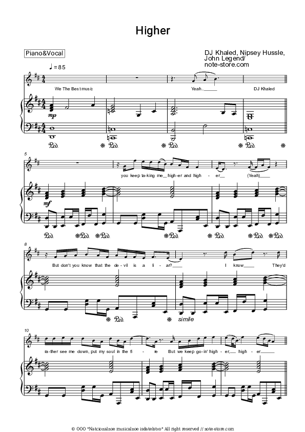 Higher - DJ Khaled, Nipsey Hussle, John Legend Piano Sheet Music with the Voice part - Piano&Vocal