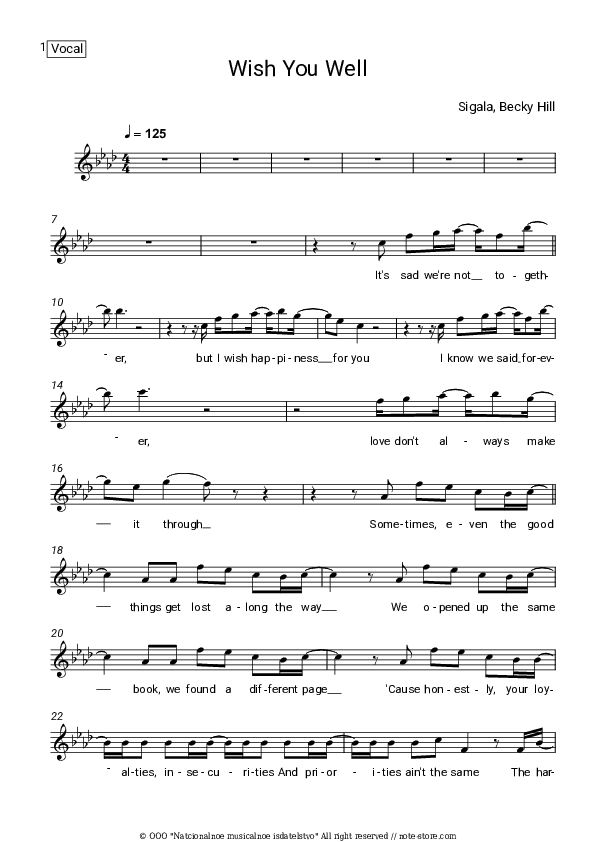 Wish You Well - Sigala, Becky Hill Vocal Sheet Music - Vocal