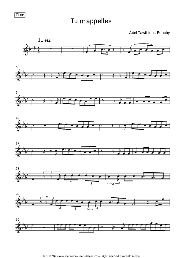 Tu m'appelles - Adel Tawil, PEACHY Flute Sheet Music - Flute
