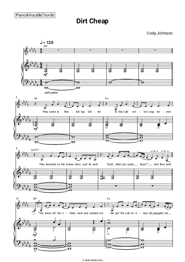 Dirt Cheap - Cody Johnson Piano Sheet Music with the Vocal and Chords - Piano&Vocal&Chords