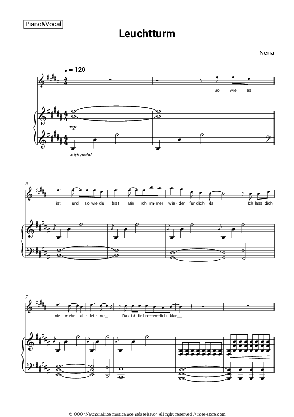 Leuchtturm - Nena Piano Sheet Music with the Voice part - Piano&Vocal