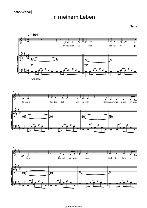 In meinem Leben - Nena Piano Sheet Music with the Voice part - Piano&Vocal