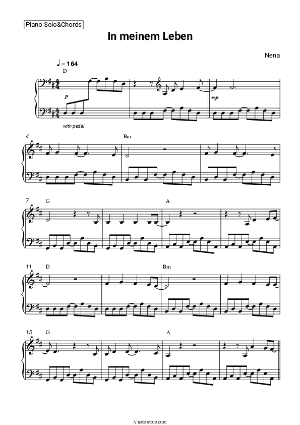 In meinem Leben - Nena Piano Sheet Music and Chords - Piano.Solo&Chords