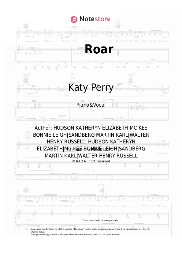 Roar - Katy Perry Piano Sheet Music with the Voice part - Piano&Vocal