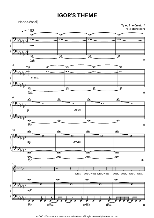 IGOR'S THEME - Tyler, The Creator Piano Sheet Music with the Voice part - Piano&Vocal