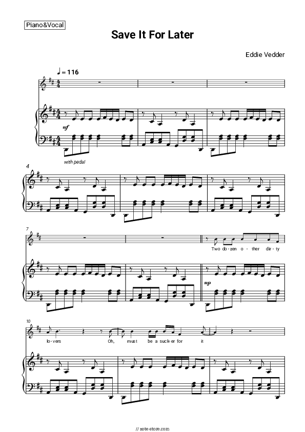 Save It For Later - Eddie Vedder Piano Sheet Music with the Voice part - Piano&Vocal