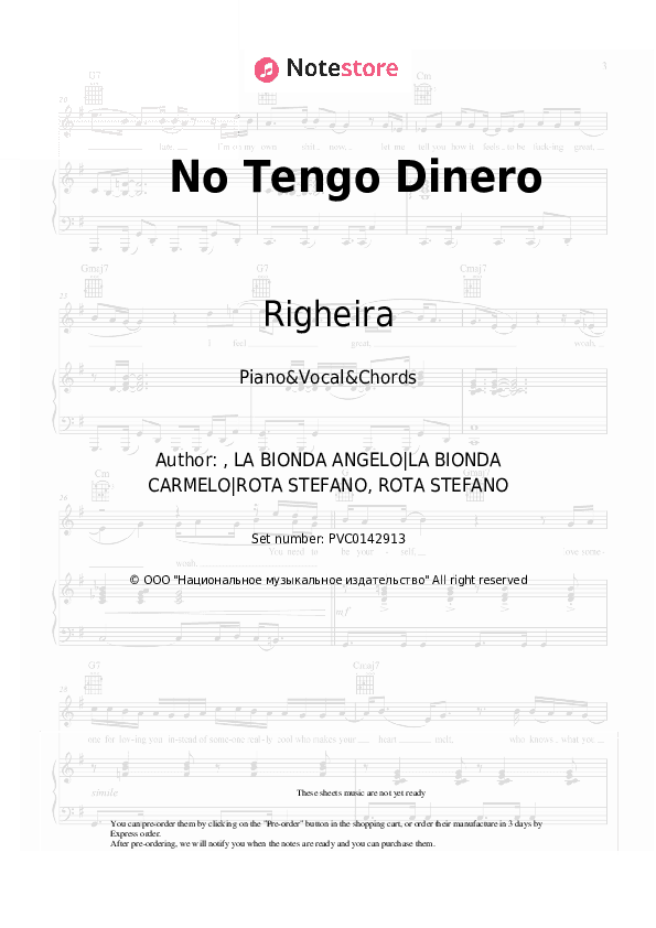 No Tengo Dinero - Righeira Piano Sheet Music with the Vocal and Chords - Piano&Vocal&Chords