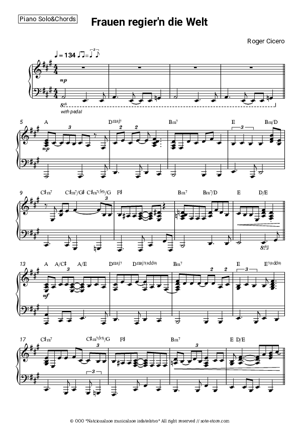 Frauen regier'n die Welt - Roger Cicero Piano Sheet Music and Chords - Piano.Solo&Chords