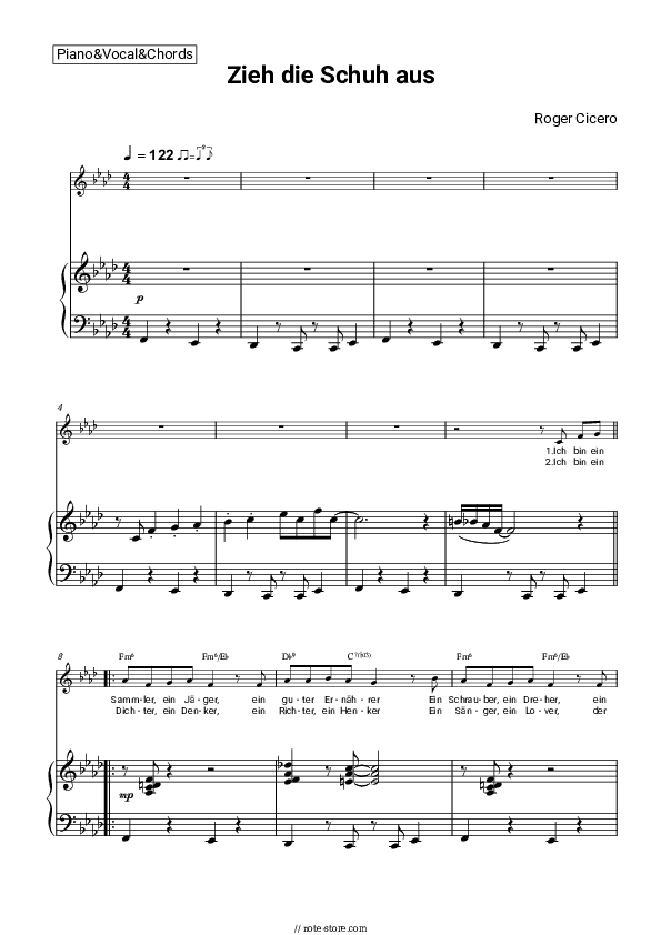 Zieh die Schuh aus - Roger Cicero Piano Sheet Music with the Vocal and Chords - Piano&Vocal&Chords