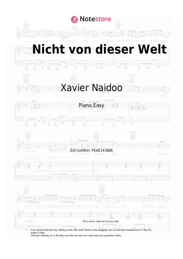 Nicht von dieser Welt - Xavier Naidoo Piano Sheet Music Easy - Piano.Easy