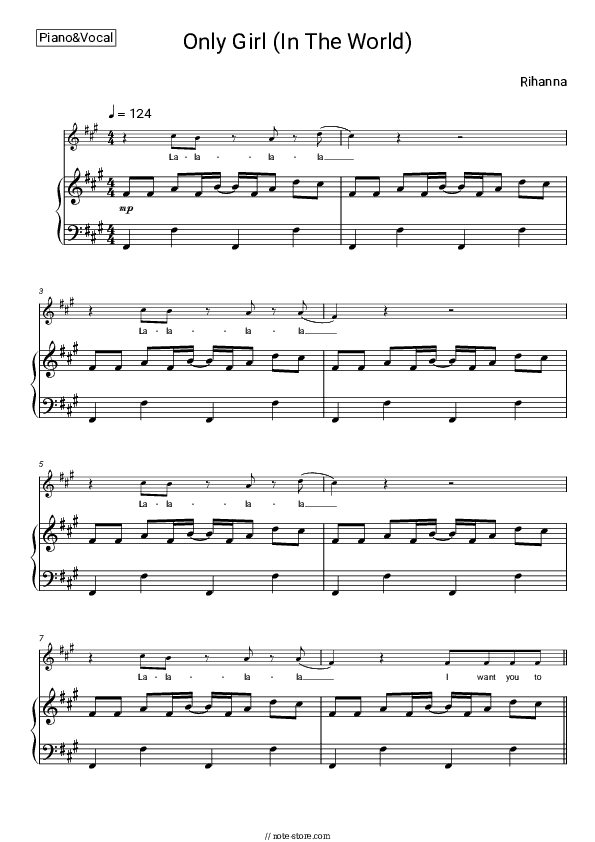 Only Girl (In the World) - Rihanna Piano Sheet Music with the Voice part - Piano&Vocal