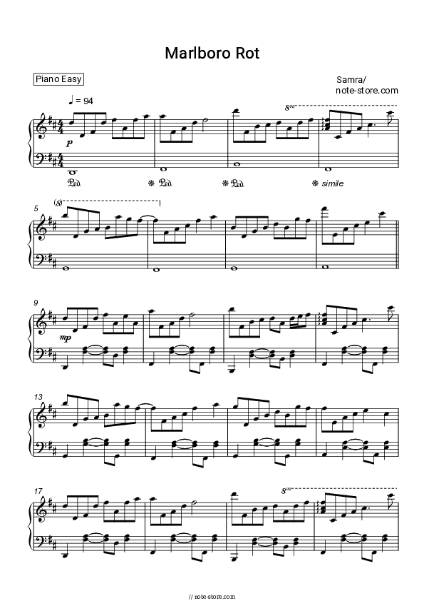 Marlboro Rot - Samra Piano Sheet Music Easy - Piano.Easy