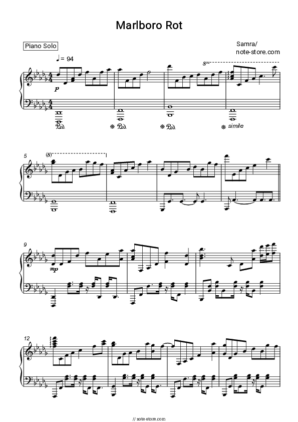 Marlboro Rot - Samra Piano Sheet Music - Piano.Solo