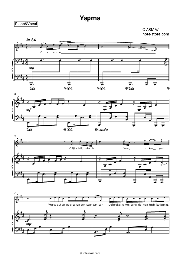 Yapma - C ARMA Piano Sheet Music with the Voice part - Piano&Vocal