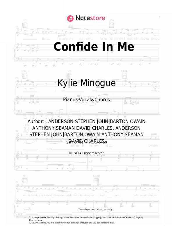 Confide In Me - Kylie Minogue Piano Sheet Music with the Vocal and Chords - Piano&Vocal&Chords