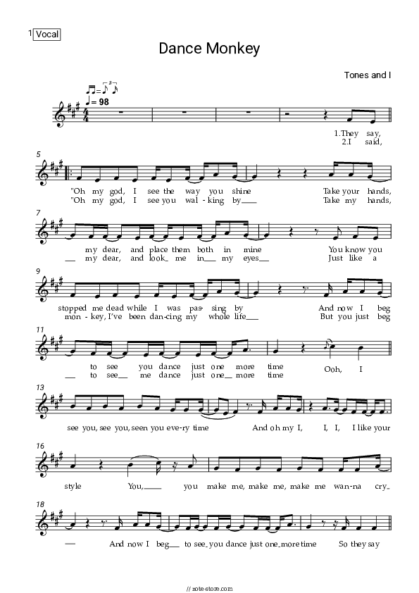 Dance Monkey - Tones and I Vocal Sheet Music - Vocal