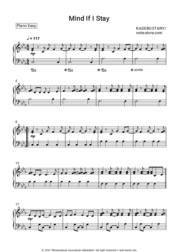 Mind If I Stay - Kadebostany Piano Sheet Music Easy - Piano.Easy