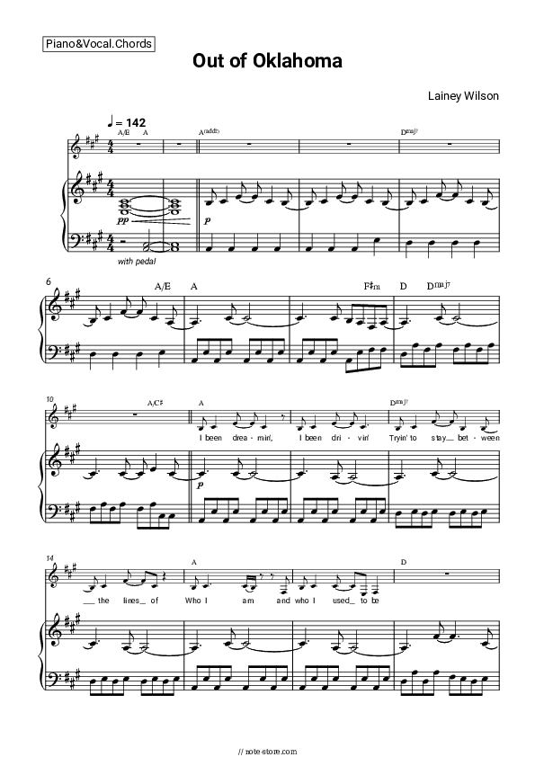 Out of Oklahoma - Lainey Wilson Piano Sheet Music with the Vocal and Chords - Piano&Vocal&Chords