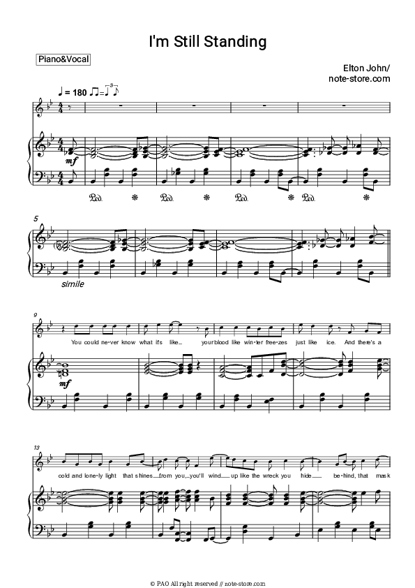 I'm Still Standing - Elton John Piano Sheet Music with the Voice part - Piano&Vocal