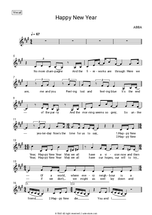 Happy new year - ABBA Vocal Sheet Music - Vocal