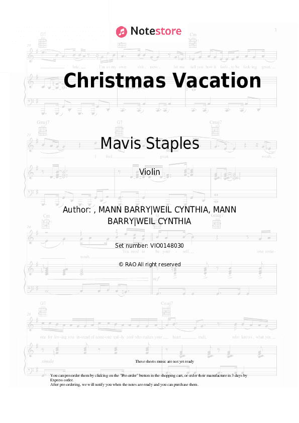 Christmas Vacation - Mavis Staples Violin Sheet Music - Violin
