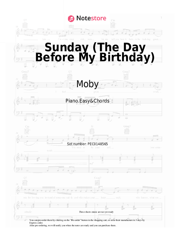 Sunday (The Day Before My Birthday) - Moby Sheet Music Easy and Chords - Piano.Easy&Chords