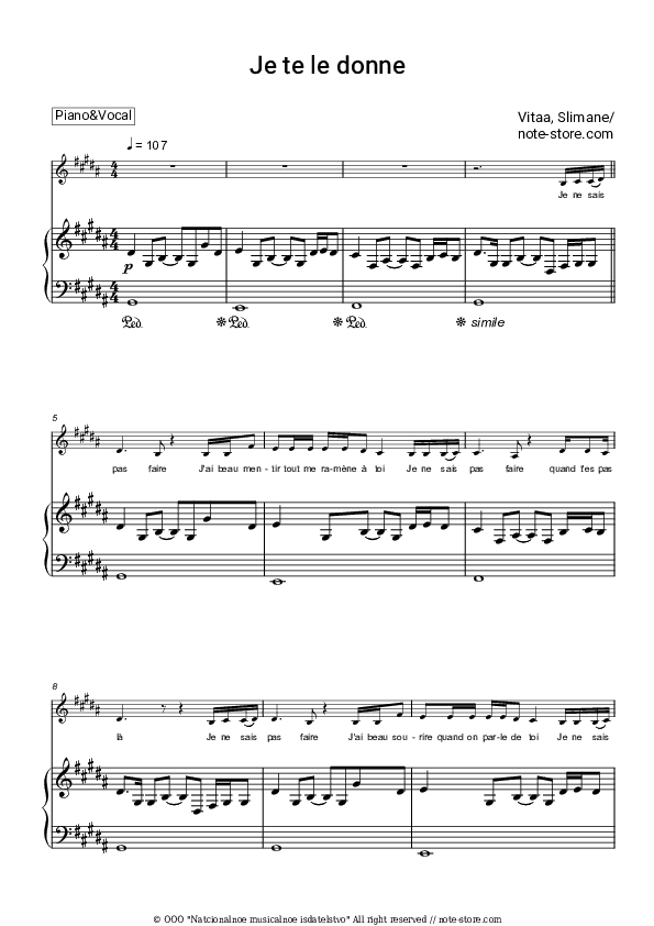 Je te le donne - Vitaa, Slimane Piano Sheet Music with the Voice part - Piano&Vocal