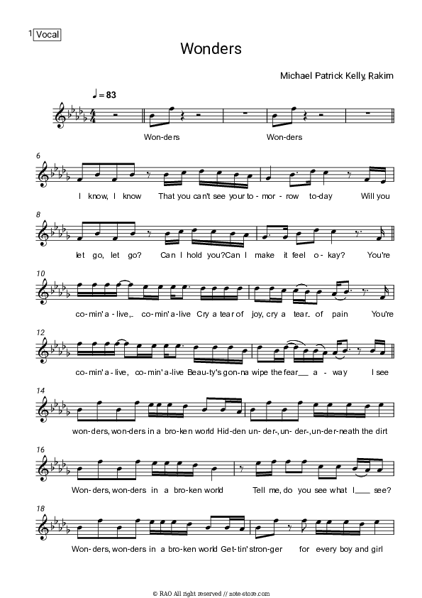 Wonders - Michael Patrick Kelly, Rakim Vocal Sheet Music - Vocal